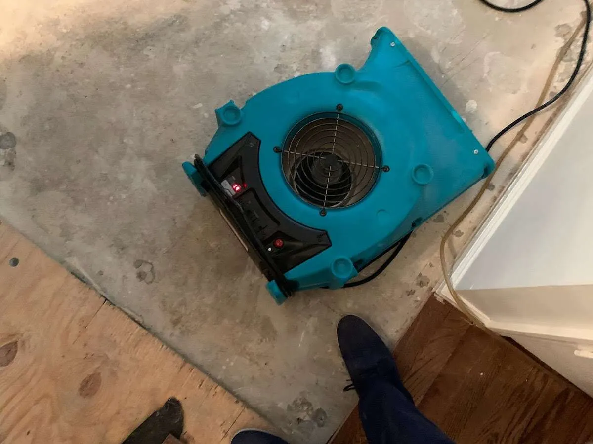 Air mover drying subfloor during Commercial Water Damage Restoration in Wilkins
